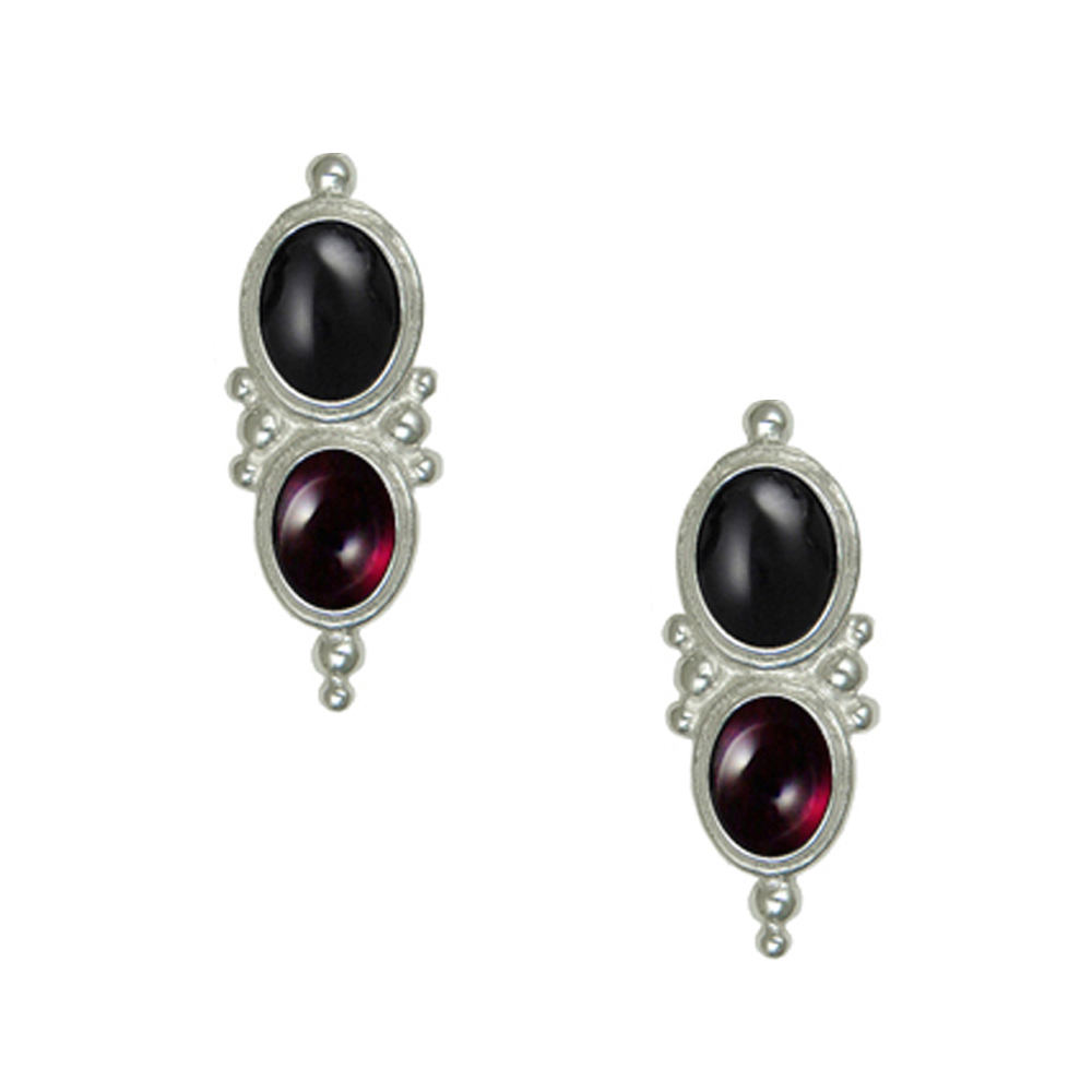 Sterling Silver Drop Dangle Earrings With Black Onyx And Garnet